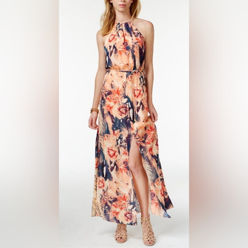 Guess Tropical Floral Maxi Halter Dress in Orange Pink & Blue Size Small